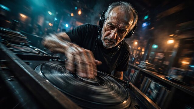 Energetic elderly male DJ with headphones scratching a vinyl record on a turntable in a dark nightclub with blurred hand motion
