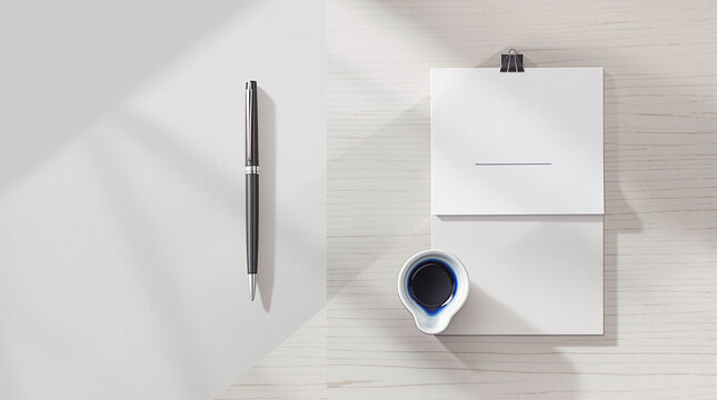 A minimalist top-down view shows a grey pen, a white notepad, and a small ink bowl.