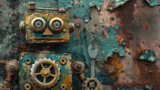 Vintage robot holding a wrench mechanical concept