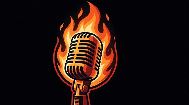 Burning microphone icon for podcast, radio shows. Bright orange fire flames wrap vintage mic audio equipment. Graphic logo design symbol for music talent competition comedy performance live talk