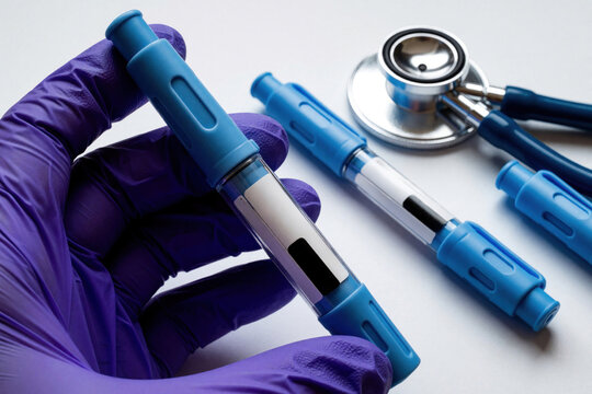 Doctor wearing purple gloves holds semaglutide injection pen for diabetes, obesity treatment. Medical stethoscope lies nearby on white surface table. Healthcare pro prepares insulin dose for patient.