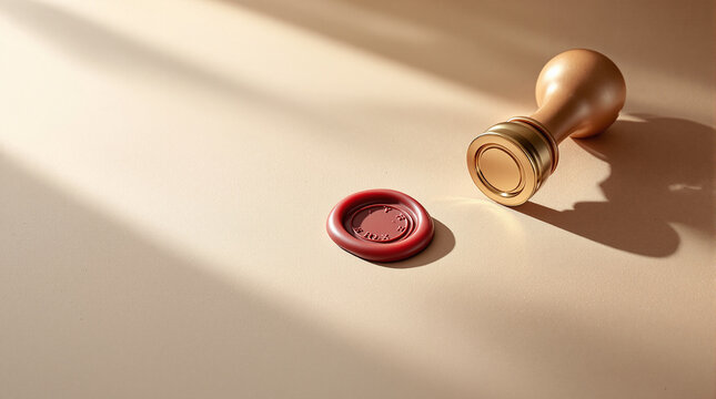 A red wax seal sits on a beige paper surface next to a wooden brass stamp.