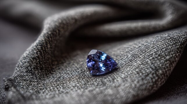 Striking violet-blue tanzanite gemstone with pleochroism set against textured fabric