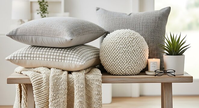 Cozy living room decor with textured patterned cushions and a knitted throw blanket on a wooden bench cushions textiles interior patterns furniture textured apartment