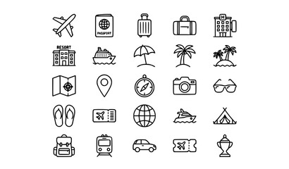 Fototapeta premium Travel Vacation Thin Line Icon Set with Airplane Hotel Luggage Beach and Tourism Symbols Vector Collection