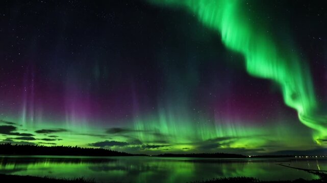 A spectacular view of the Aurora Borealis (Northern Lights) natural phenomenon, radiating a combination of vibrant green and purple hues across a starry night sky.
