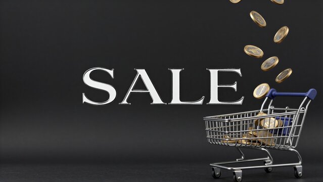 Sale sign with falling coins and a shopping cart filled with money.