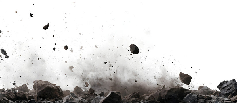 AI illustration of rocks, dust, and debris falling on a white background banner.
