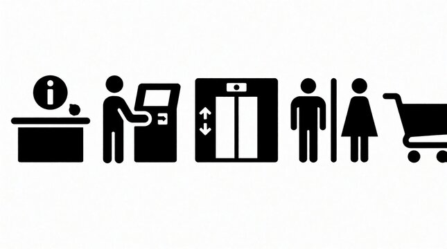 Black signs for public spaces show shopping mall services. Set includes help desk information kiosk elevator bathroom rest room, store cart. Simple flat symbols guide visitors through commercial