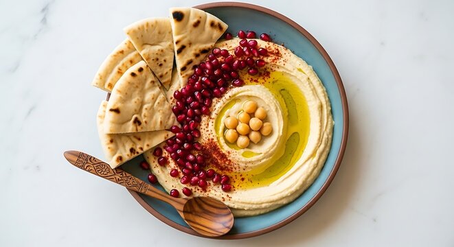Hummus bowl garnished with pomegranate seeds chickpeas olive oil fresh pita bread pomegranate chickpeas appetizer vegetarian nutrition delicious culinary authentic homemade