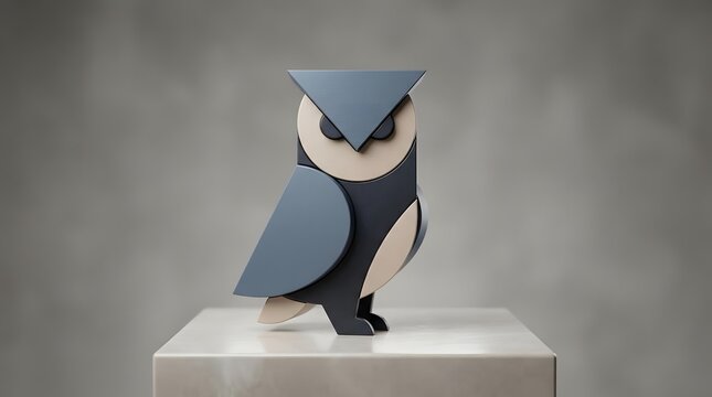 Minimalist geometric owl sculpture on white stone pedestal.