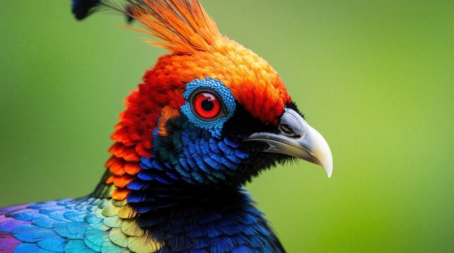 Colorful Himalayan Monal bird displays vibrant blue, orange, red plumage. Exotic avian creature with striking crest looks right on blurred green background. Detailed wildlife portrait.