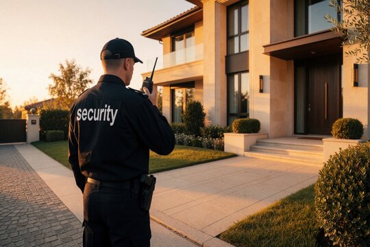 Security officer stands outside luxury house during golden hour. Pro guard wears black uniform, cap holding radio transceiver for communication. Man monitors residential property, private gated