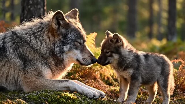 Gray wolf mother touches noses with her small pup in a sunlit forest clearing during the golden hour.