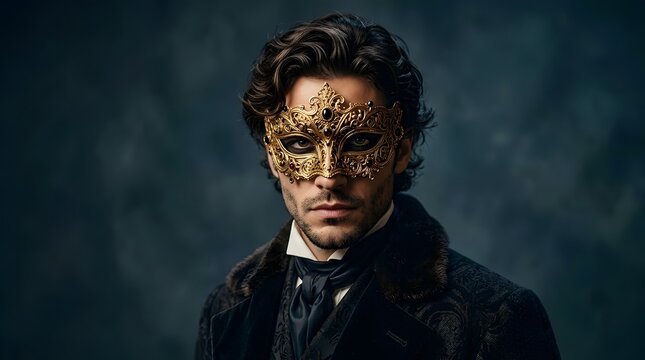 Portrait of a man wearing an ornate gold masquerade mask