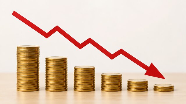Descending red arrow graph over stacks of gold coins on light surface