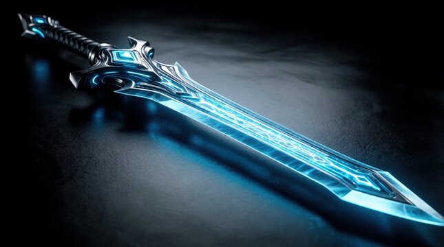 Futuristic sword with glowing blue neon light lines rests on dark metallic floor. Sleek sci fi weapon design features sharp blade with cyber energy texture. Modern fantasy gaming prop looks