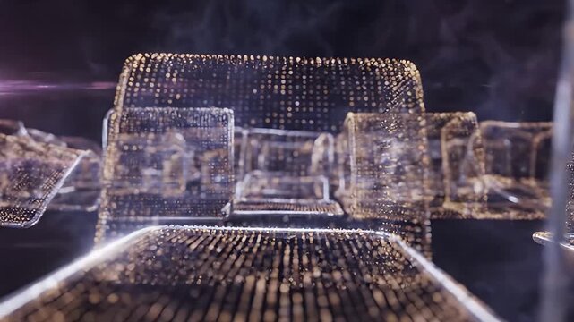 Abstract 3D render of floating crystalline cubes with glowing golden dots