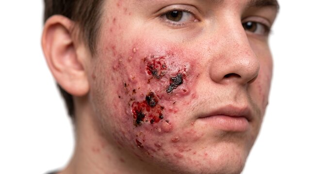 Close up profile view of young male face with severe fulminant acne, bloody lesions, and crusts