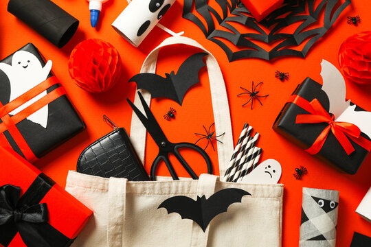 Halloween. Craft supplies and decorations are arranged for Halloween festivities