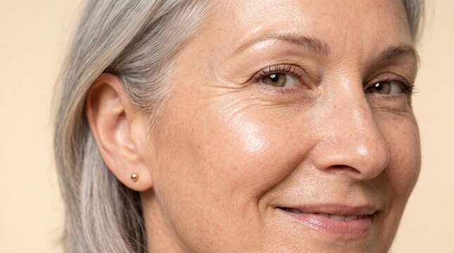 Close up portrait of senior woman smiling with healthy mature skin, crows feet, and grey hair