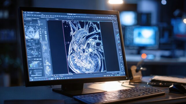 High-definition computer monitor showcasing intricate medical heart imaging scan for diagnosis and research