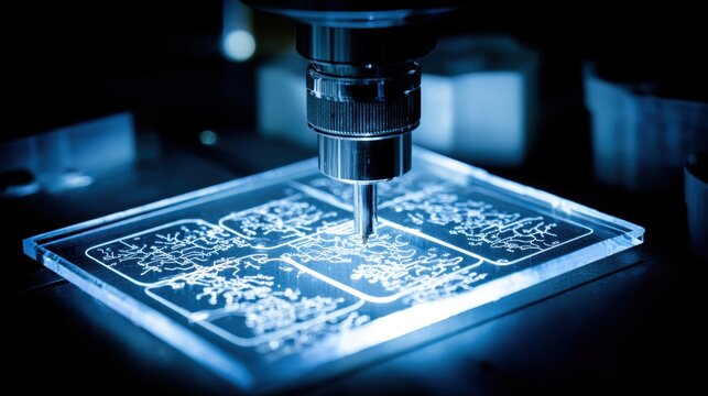 High-resolution photographic style capture of a precision laser engraving machine detailing a complex circuit pattern on a material.