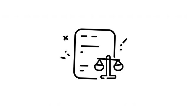 Animation of a simple black legal document outline and balanced scales.