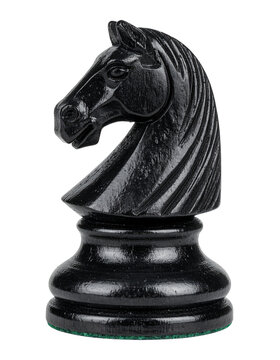 Single black knight chess piece with carved horse head, isolated on transparent background, realistic wood texture