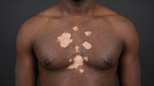 Front view of male chest displaying extensive well defined white depigmented vitiligo macules