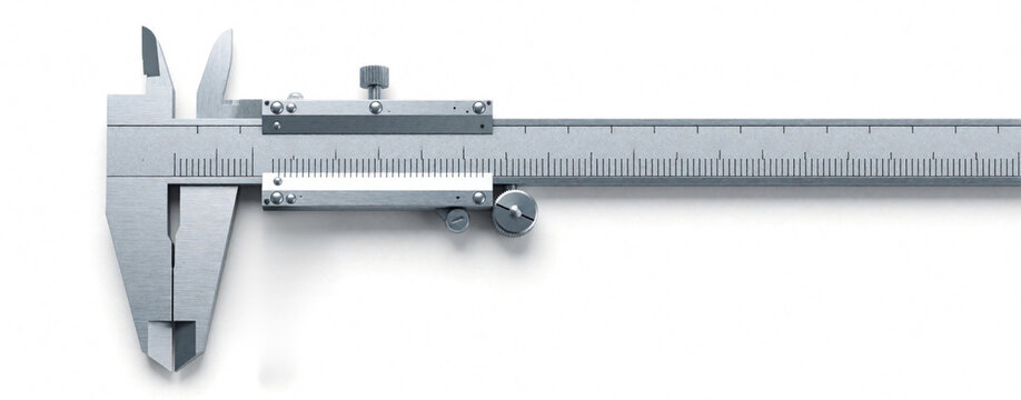 Detailed view of a metallic vernier caliper tool against a white background. Precision instrument for precise measurements in engineering and manufacturing industries.
