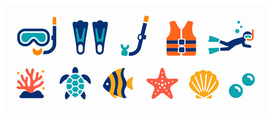 Colorful scuba diving and marine life icons set. © dianxi.studio