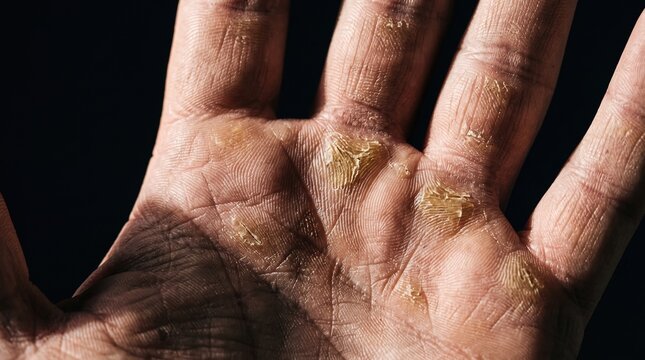 Macro close up shot of working hand palm with thick rough cracked yellow calluses and dirt marks