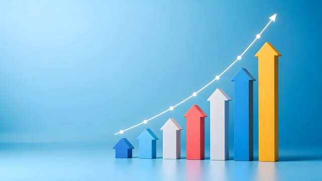 Colorful vertical bar chart with glowing upward trend line and arrow. Concept of sales performance analytics, revenue growth, and marketing strategy.