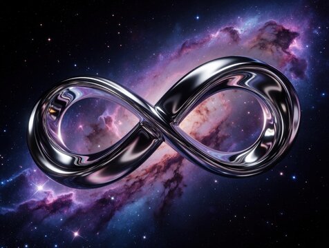 Chrome infinity symbol floats in outer space with colorful nebula and stars. Symbol represents endlessness, eternity, and cosmos. Digital art for concepts of future, science, and limitless potential.