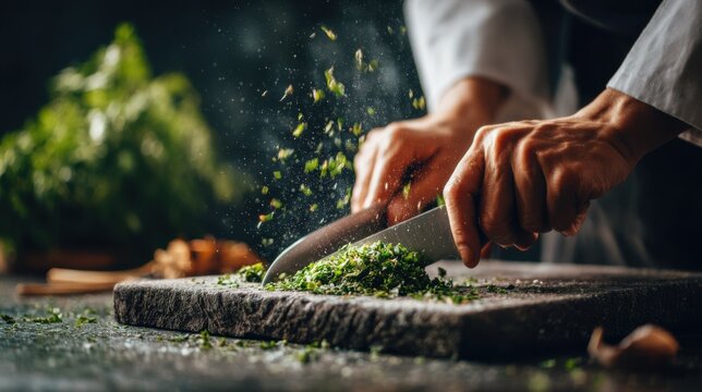 Restaurant chef swiftly chopping herbs with masterful knife skills emphasis on wrist motion and blade angle in a bustling dimly blurred kitchen environment.