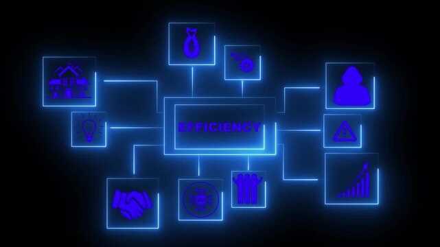 Efficiency drives the central focus of this glowing blue graphical display that visualizes complex organizational workflows through a series of connected modular icons on a dark background surface.