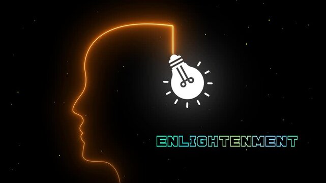 Enlightenment concept with luminous human head and glowing light bulb icon representing inner growth, higher awareness, wisdom and spiritual awakening in neon style.