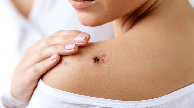 Medical 3D visualization of melanoma skin cancer, malignant tumor developing from melanocytes, abnormal pigment cell growth on human epidermis, educational biomedical render illustrating skin malignan