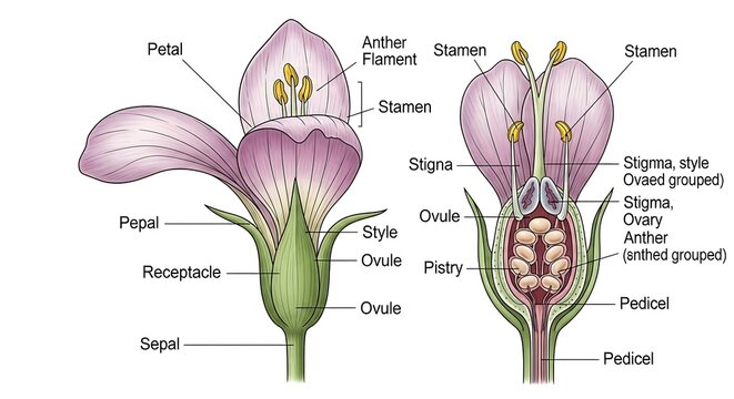 Pink Flower Blossom with Labeled Parts in Botanical Diagram
