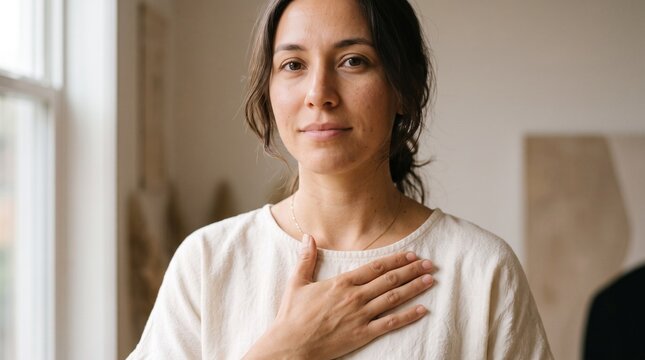 Woman places hand on chest conveying self-care resilience and hope for preventive health and well-being