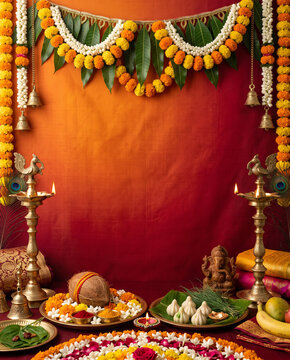 Ganesh Chaturthi premium festive banner flyer poster template with handcrafted brass samai lamps, marigold garlands, puja thali, lotus flowers and copy space illustration