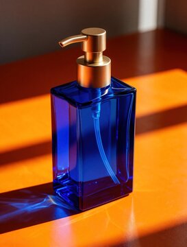 Rectangular blue glass pump bottle with gold accent sits on vibrant orange surface. Sunlight creates dramatic shadows and reflections on the table. Luxurious packaging, cosmetic product