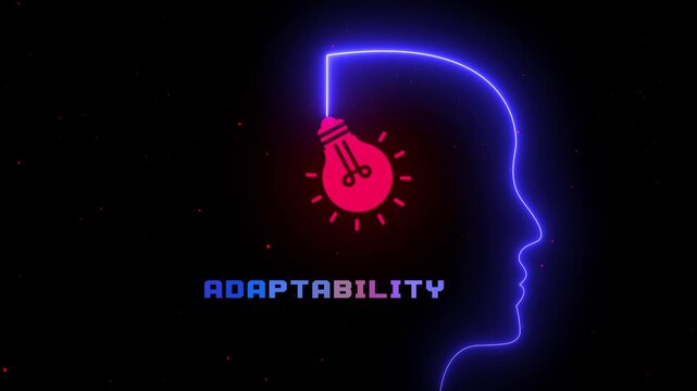 Adaptability concept with glowing neon head profile and light bulb, symbolizing flexibility, change, learning, resilience, creative thinking, and possibilities.