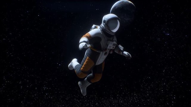 Astronaut drifting in extravehicular spacesuit beside glowing planet rim, isolated against dense starfield with relaxed limbs, subtle rotation, dramatic space lighting