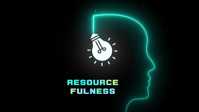 Resourcefulness concept with glowing neon head profile and light bulb, symbolizing creative thinking, practical ideas, ingenuity, and problem solving.
