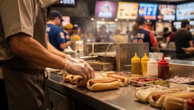Closeup of a vendor preparing steaming hot dogs behind a busy concession counter with blurred crowds in the background at a lively stadium event.