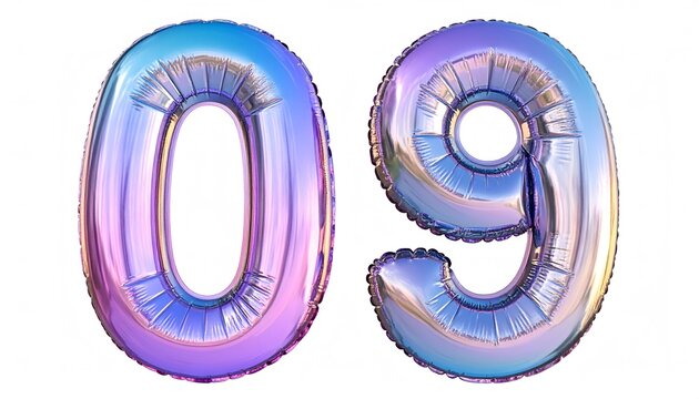 Iridescent holographic foil balloon numbers 09 isolated on white background with copy space for new year or anniversary celebration