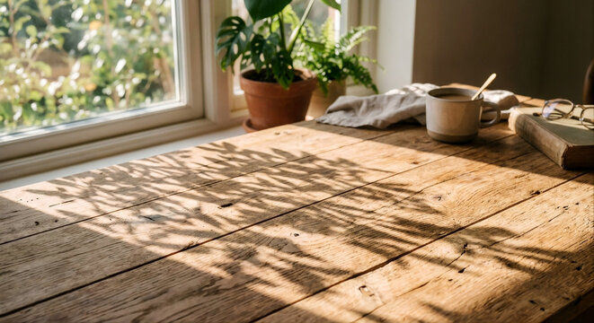 Natural wooden table background with leaf shadow and warm morning light