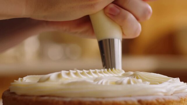 Hand pressing stainless piping tip into buttercream rosettes on cake, creating ridged swirls and soft peaks under warm kitchen light for detailed bakery decoration